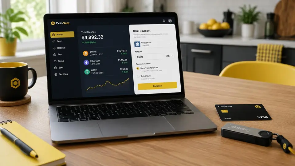 Laptop met crypto-wallet, betaalkaart en hardware wallet op tafel