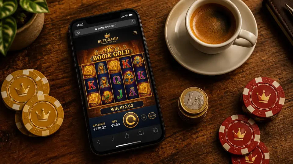 Smartphone met een gokkast naast espresso, euromunten en casinofiches